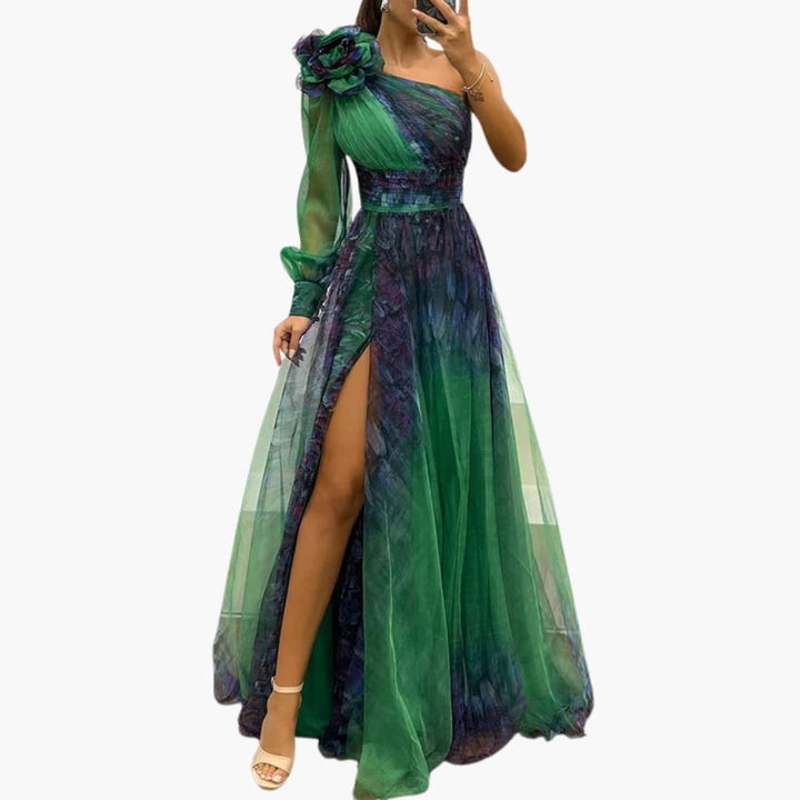 Elegant women's one-shoulder maxi dress with a stylish side split, perfect for formal evenings & special occasions.
