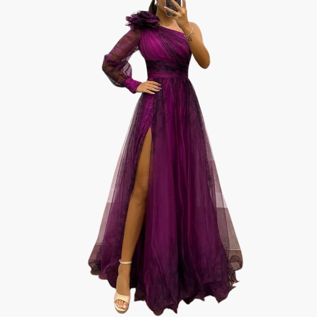 Stunning one-shoulder evening maxi dress for women, featuring a chic side split; ideal for parties & formal wear.