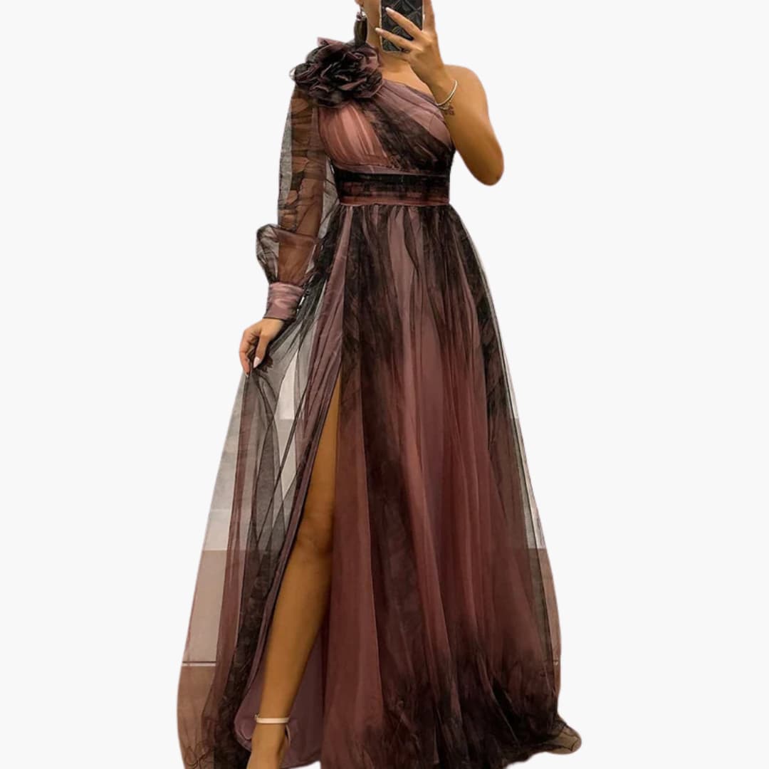 Long women's elegant one-shoulder party dress with a flattering side split, suitable for cocktail & special events.