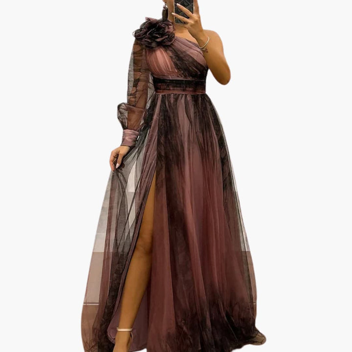 Long women's elegant one-shoulder party dress with a flattering side split, suitable for cocktail & special events.