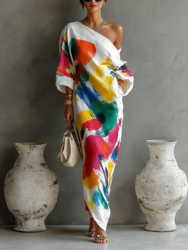 Elegant women's one-shoulder maxi dress with a vibrant abstract print, perfect for summer parties.