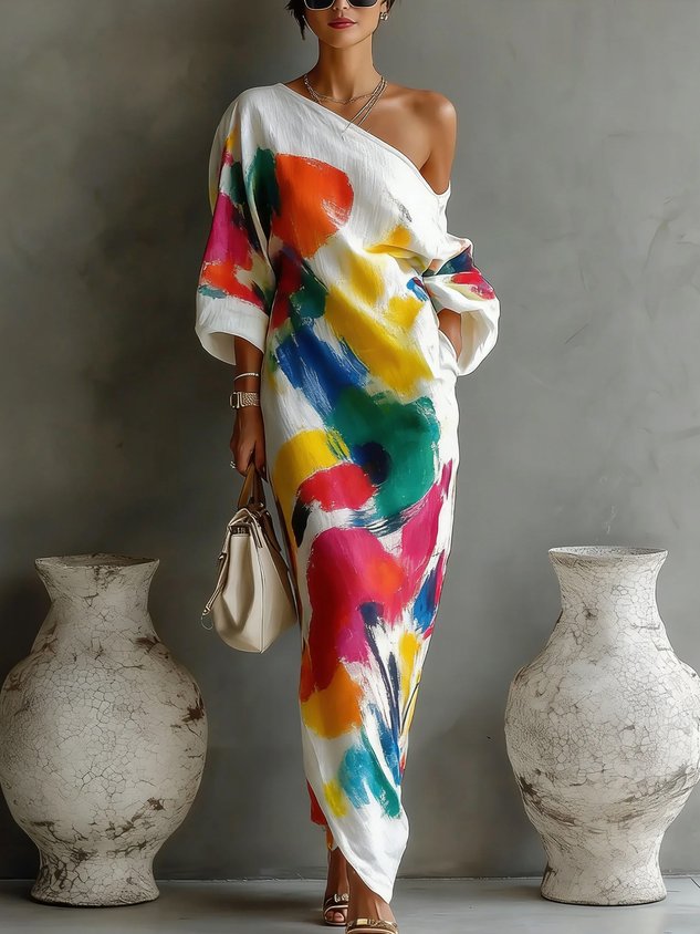 Flowy women's elegant one-shoulder maxi dress, featuring a unique abstract print, ideal for a party or holiday.