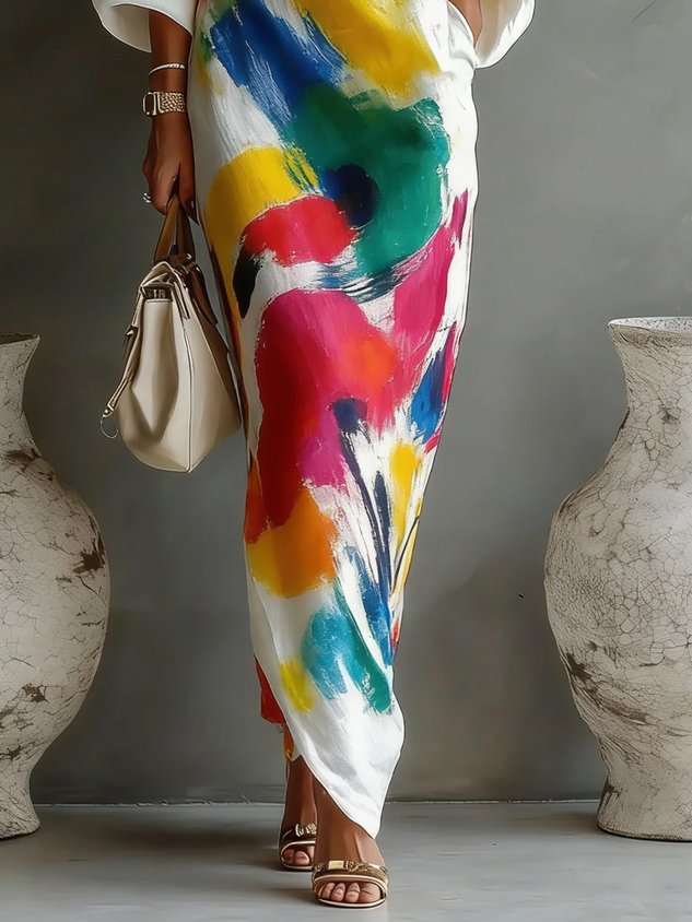 Stylish women's one-shoulder maxi dress in a comfortable, breathable fabric with an eye-catching abstract pattern.