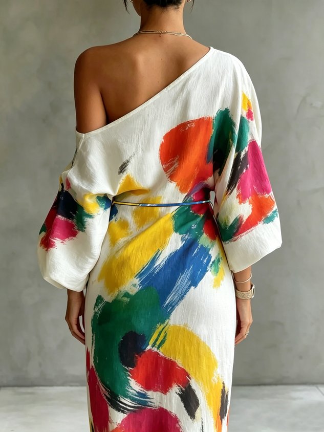Fashionable women's abstract print maxi dress, showcasing a chic one-shoulder design & elegant flowy silhouette.