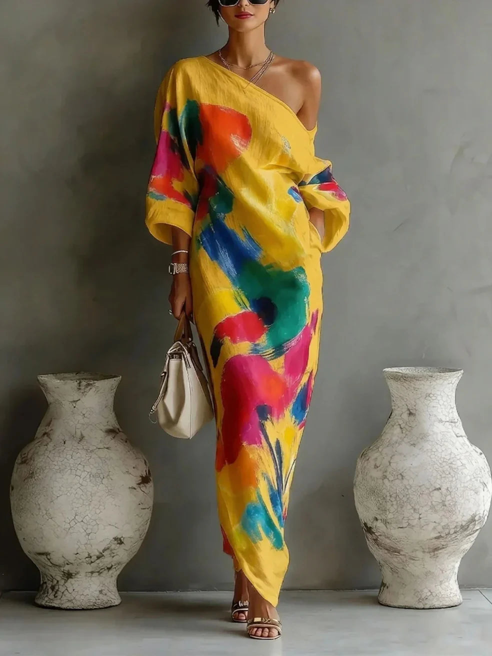 Versatile women's one-shoulder maxi dress with a colorful abstract print, great for casual summer or evening wear.