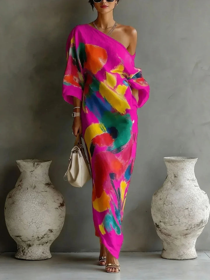 Sophisticated women's abstract print maxi dress, designed with an elegant one-shoulder neckline for special occasions.