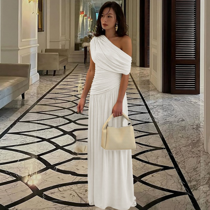 Stunning elegant women's one-shoulder evening maxi dress, perfect for upscale parties & formal events.