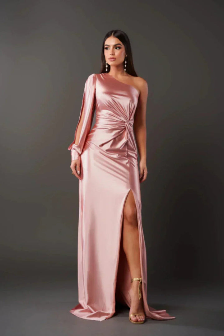 Flowing one-shoulder maxi gown, a chic wedding guest dress for women's formal evening events.