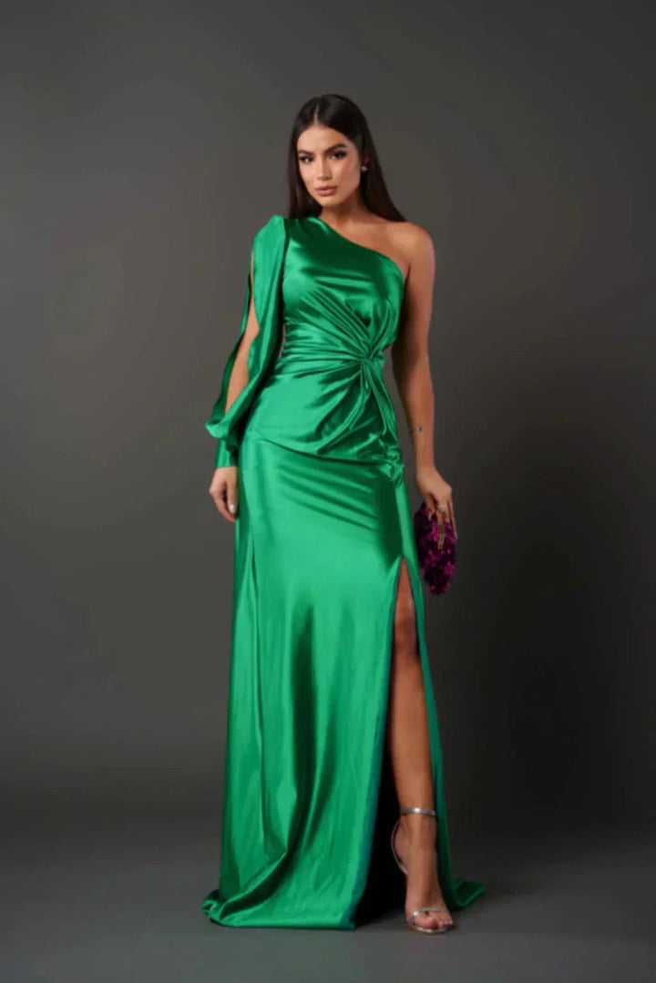Graceful one-shoulder formal maxi gown for women, perfect for sophisticated parties & special occasions.