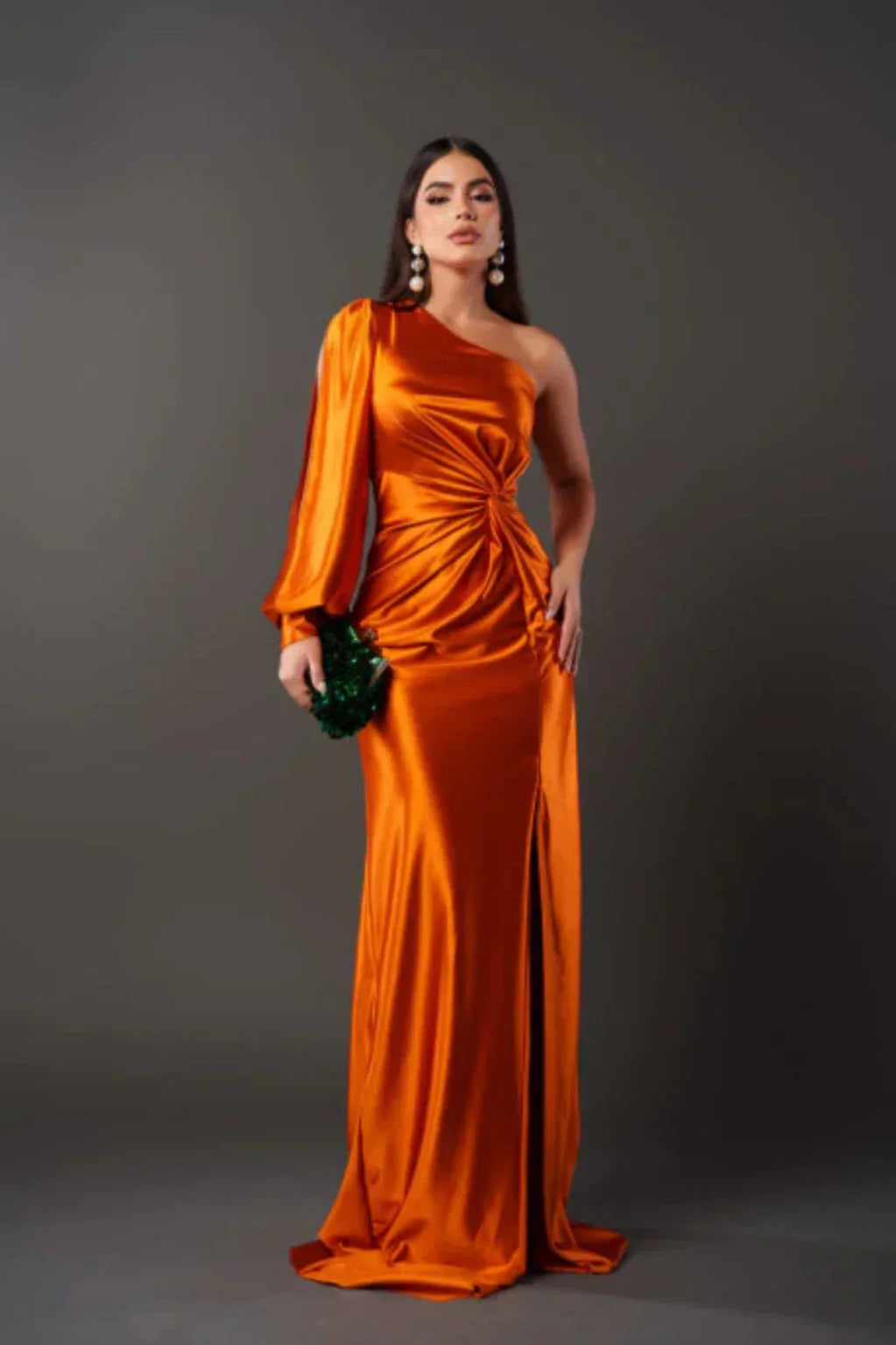 Formal one-shoulder maxi gown for women, perfect for elegant evening parties & special occasions.