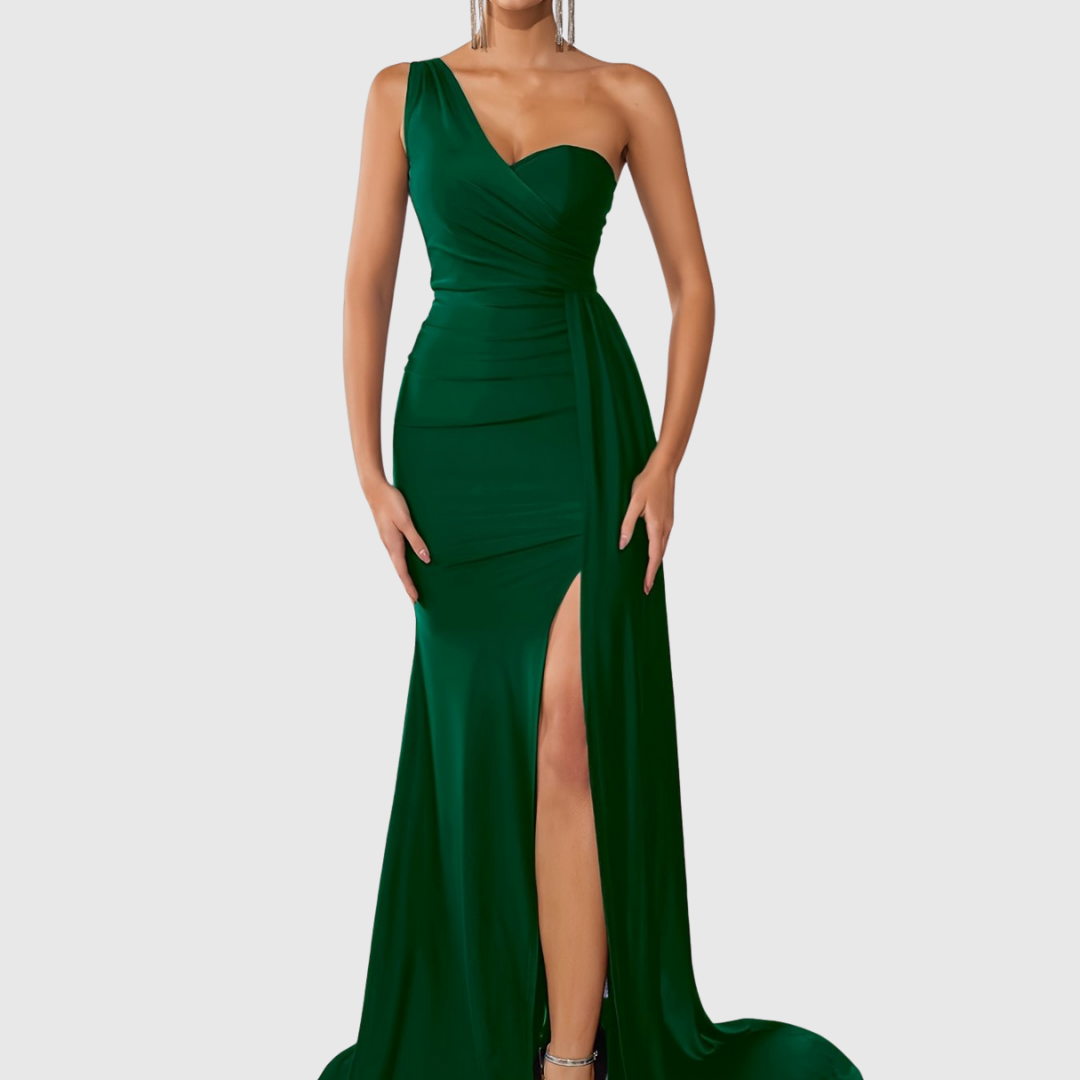 Elegant women's one-shoulder mermaid gown in satin, perfect for formal evening events or prom.