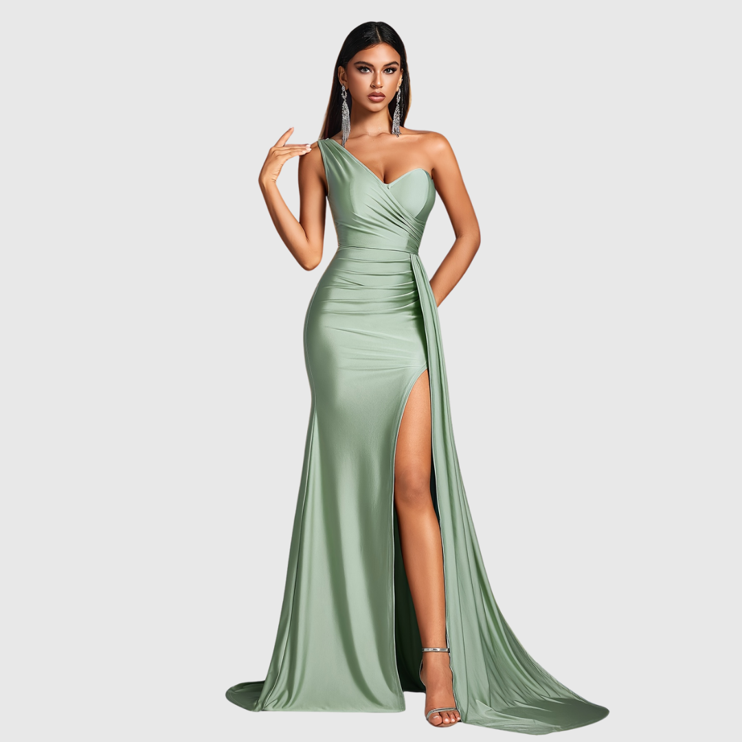 Elegant women's one-shoulder mermaid formal gown, a graceful long satin dress perfect for any evening event.