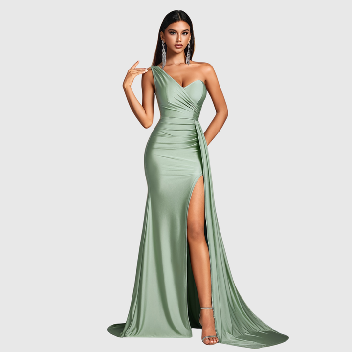 Elegant women's one-shoulder mermaid formal gown, a graceful long satin dress perfect for any evening event.