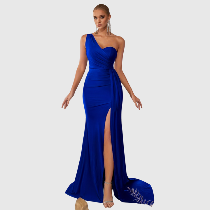 Women's one-shoulder satin mermaid gown, an elegant long formal evening prom dress for special occasions.