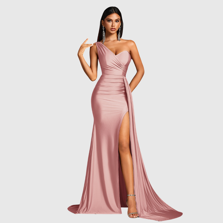 Stylish one-shoulder women's mermaid gown, ideal long satin dress for galas, proms, or formal evening events.