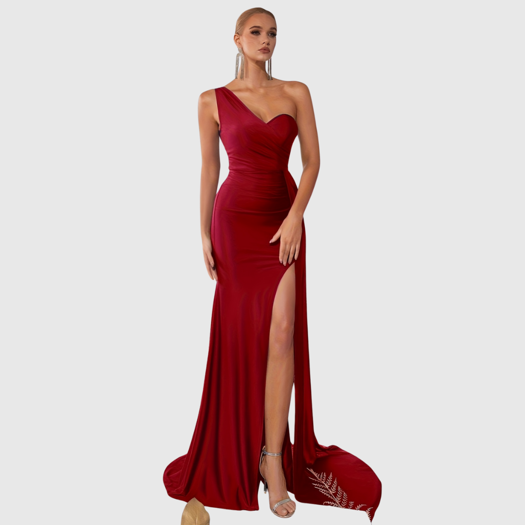 Women's one-shoulder mermaid gown, a luxurious satin long dress perfect for formal evening and prom wear.