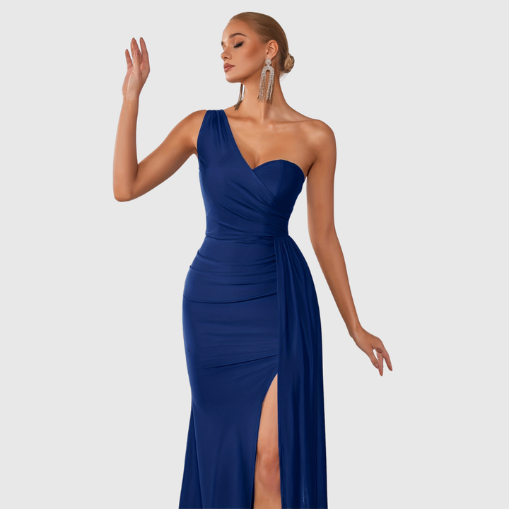 Sophisticated one-shoulder mermaid gown for women, a long elegant satin dress for formal evening events.