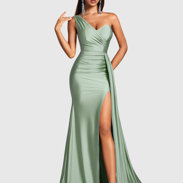 Luxurious satin one-shoulder mermaid gown for women, a stunning long dress for formal occasions.
