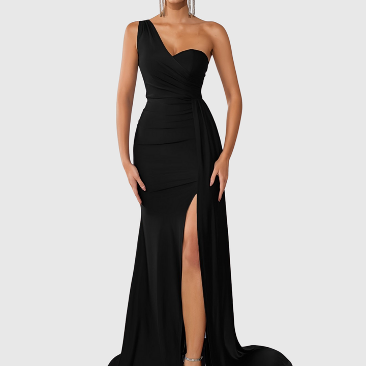 Chic one-shoulder mermaid prom dress for women, an elegant satin gown perfect for evening wear.