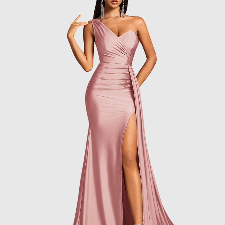 Stunning women's one-shoulder mermaid evening dress, a long satin gown for formal events & parties.