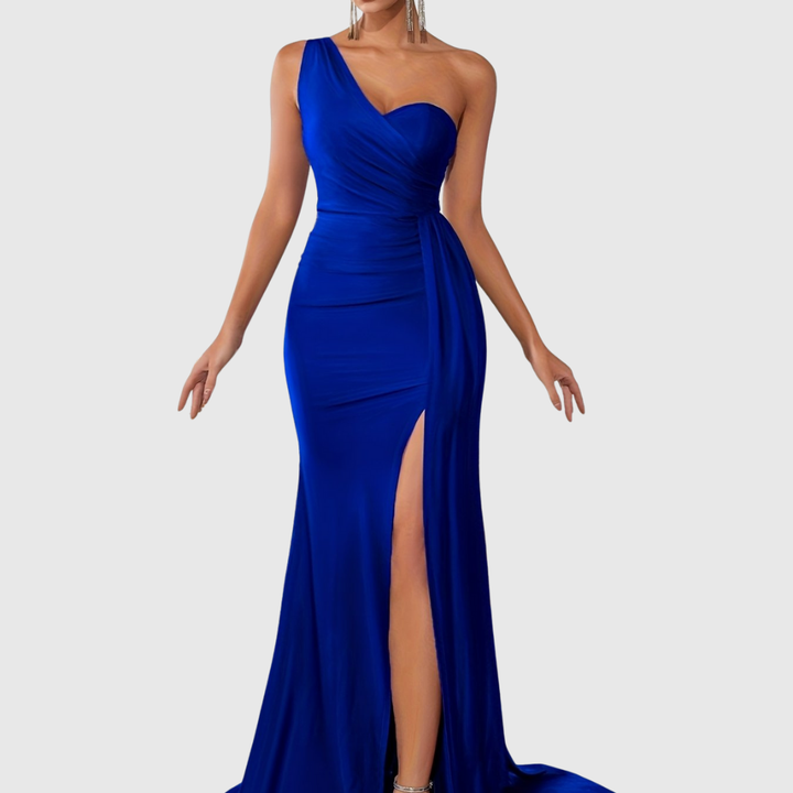 Form-fitting one-shoulder mermaid gown for women, a sleek and elegant satin long dress for special events.