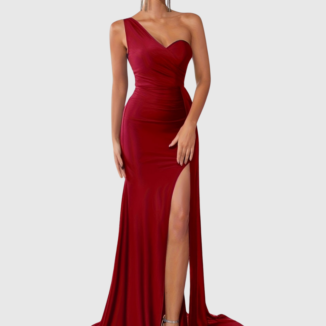 Fashionable one-shoulder women's mermaid gown, a sophisticated satin dress for proms and evening wear.