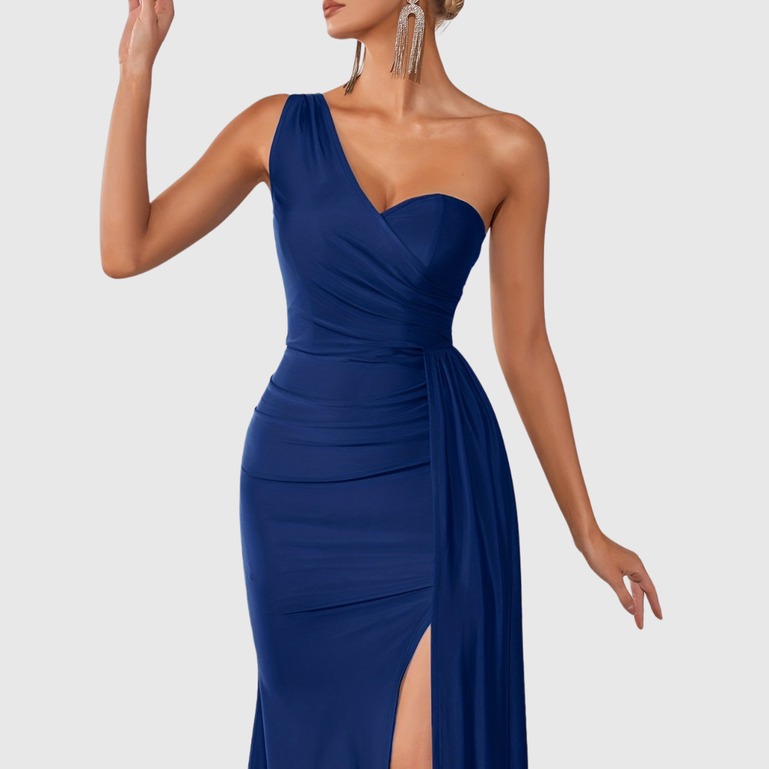 Satin mermaid gown with one-shoulder design for women, a long formal dress with elegant silhouette.