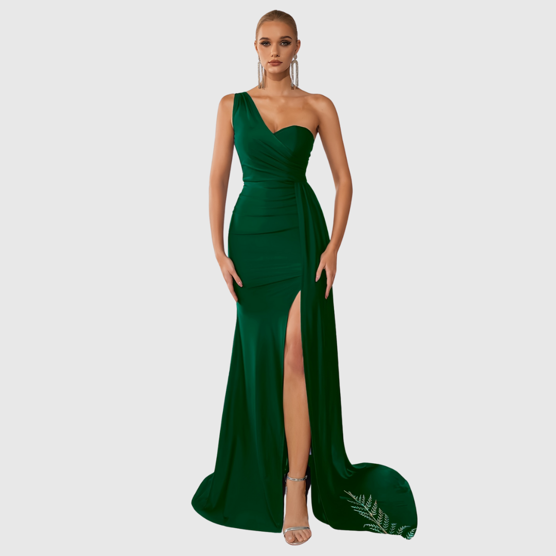 Woman models elegant one-shoulder satin mermaid gown, a long formal evening dress for special occasions.