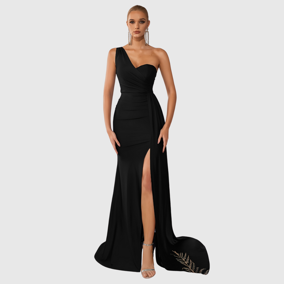 Beautiful one-shoulder mermaid gown, a long satin evening dress for women's formal wear or cocktail parties.