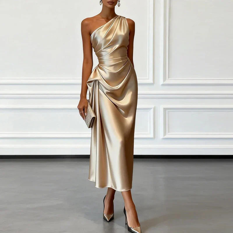 Elegant women's one-shoulder midi dress, draped & ruched. Perfect formal wear for evening parties & special occasions.