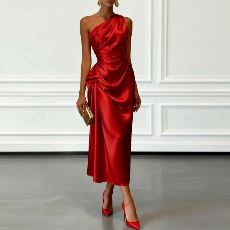 Women's elegant one-shoulder midi dress with graceful draping & ruched details. Perfect for formal events & parties.