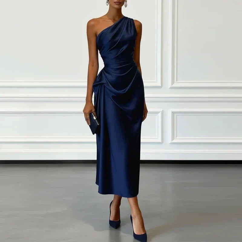 Sophisticated women's one-shoulder midi dress. Features elegant draping & ruching, ideal for evening & special occasions.