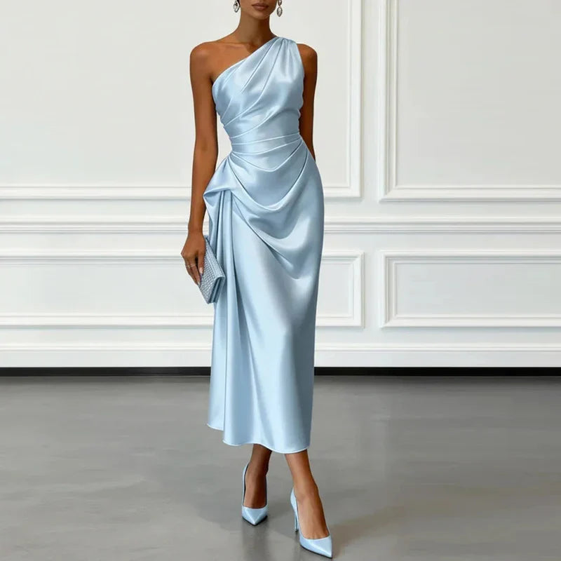 Formal women's midi dress, elegant one-shoulder design with draped & ruched details. Stylish party & special occasion wear.