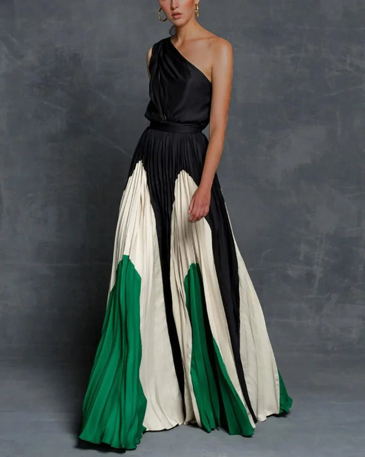 Stylish women's long one-shoulder pleated maxi dress for wedding guests, formal events, or special occasions.