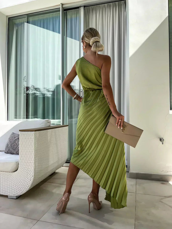 Stylish women's one shoulder evening dress with pleats & floral design for cocktail parties.
