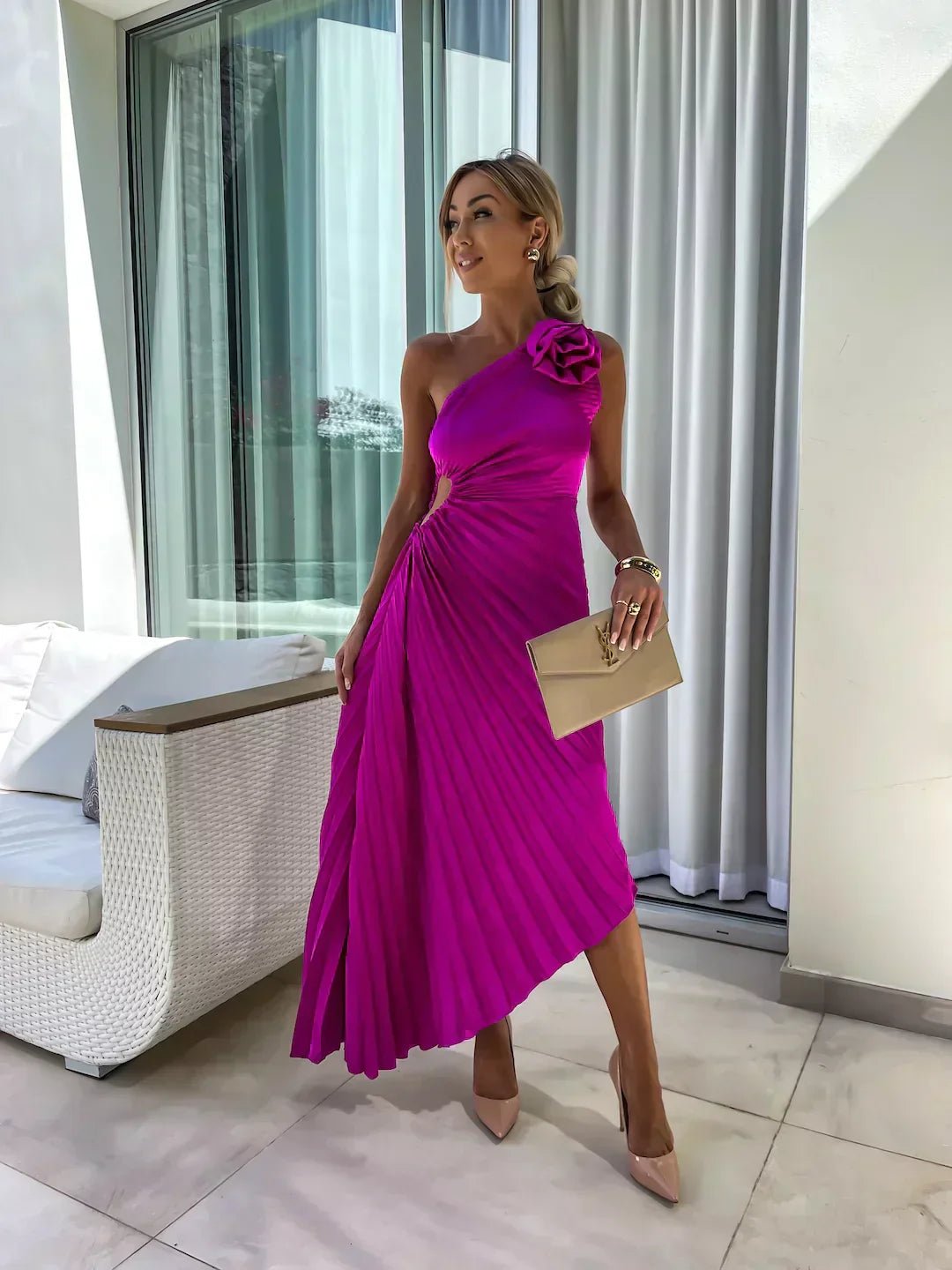 Elegant women's one shoulder dress, maxi length, featuring delicate pleats and intricate floral design.