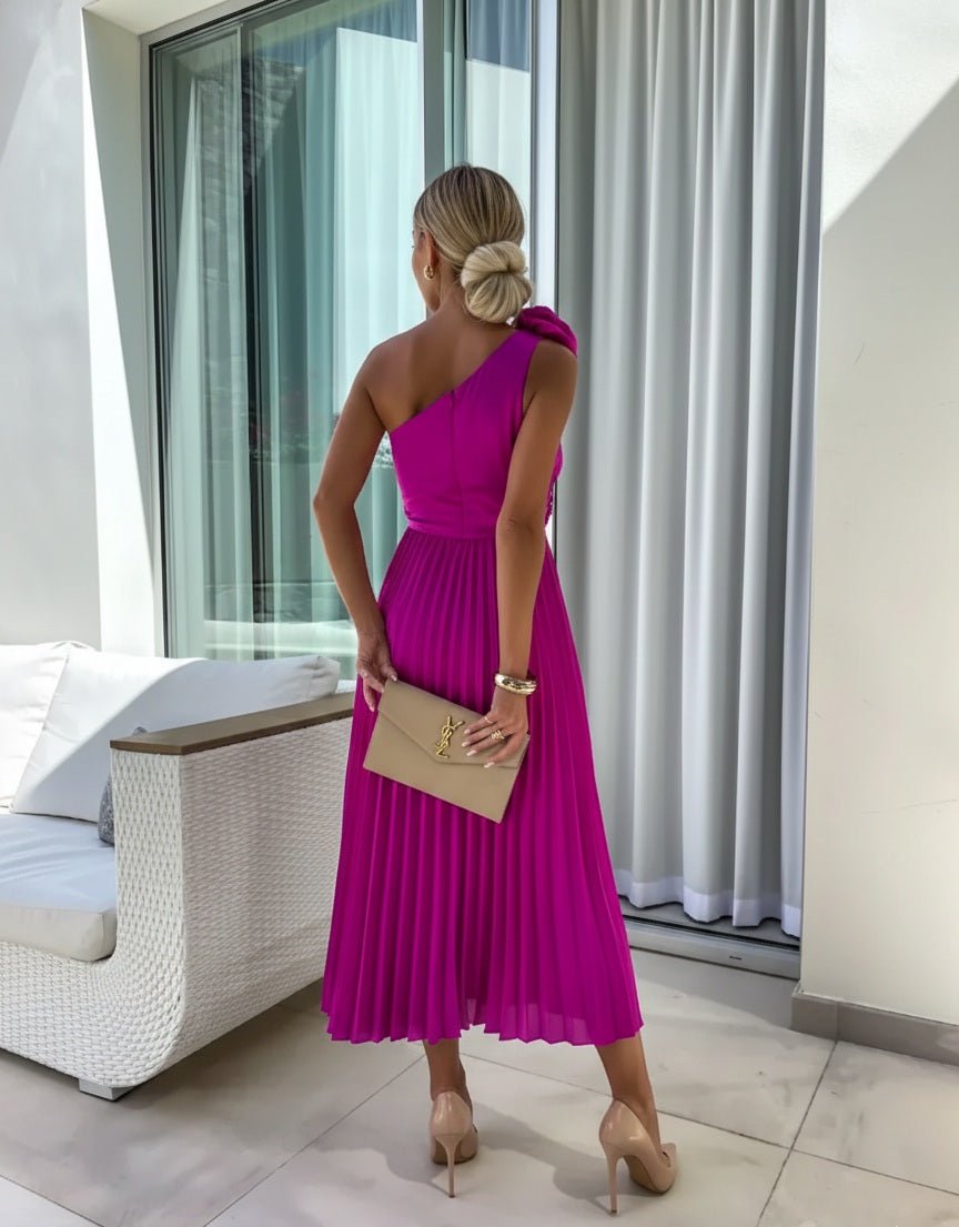 Versatile women's one shoulder pleated maxi dress with floral detail, great for evening or special events.