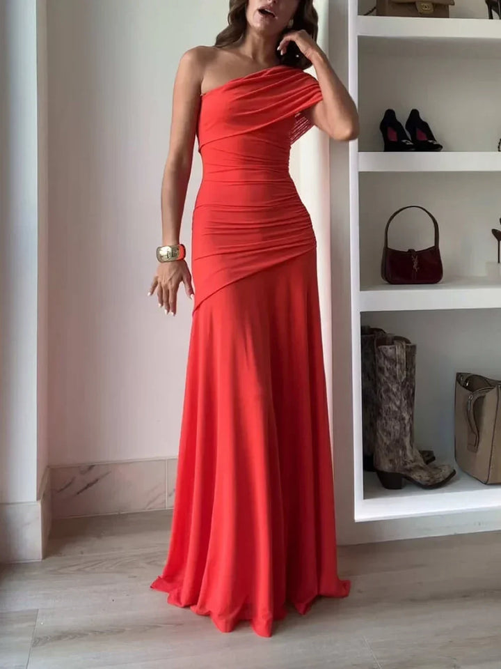 Elegant women's one-shoulder ruched asymmetrical maxi dress. Perfect formal evening gown for special occasions.