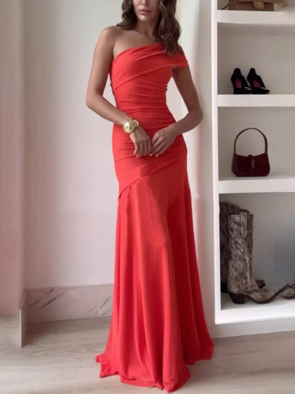 Stylish one-shoulder ruched maxi dress for women, featuring an asymmetrical hem. Ideal for formal parties.