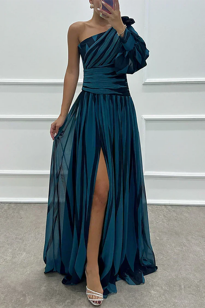 Stylish one-shoulder striped maxi dress for women. Ideal wedding guest, prom, or party dress with elegant design.