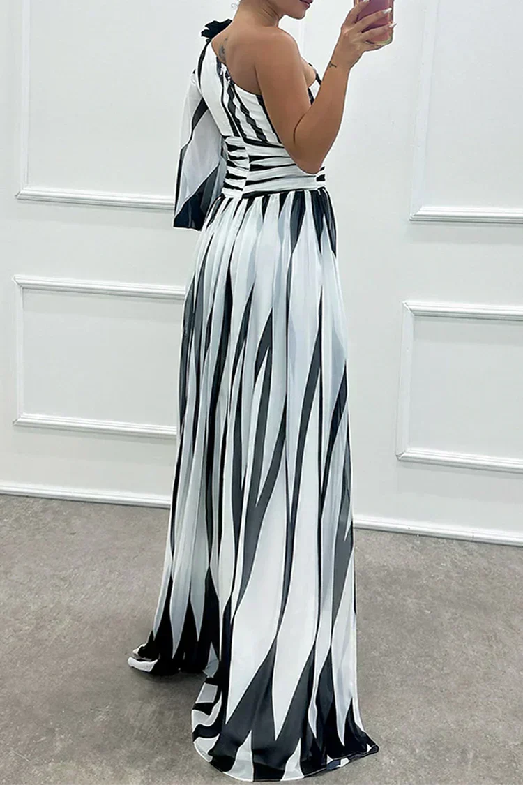 Sophisticated women's striped one-shoulder maxi dress. A stunning wedding guest dress & elegant party attire.