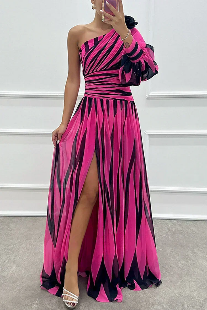 Fashionable women's one-shoulder striped maxi dress. Versatile long formal dress, perfect for any special occasion.