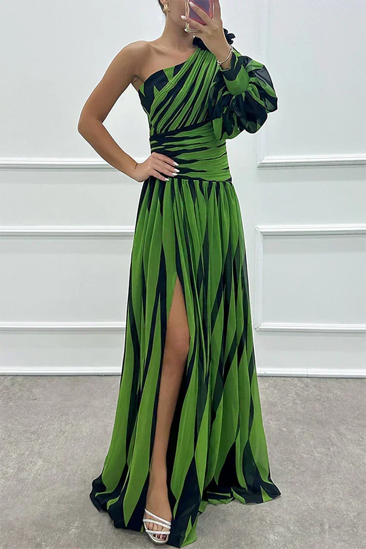 Statement one-shoulder striped maxi dress for women. Elegant formal gown, ideal for wedding guests & prom nights.