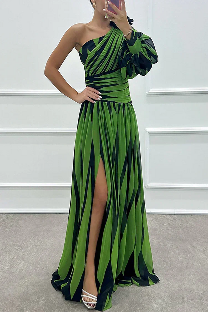 Statement one-shoulder striped maxi dress for women. Elegant formal gown, ideal for wedding guests & prom nights.
