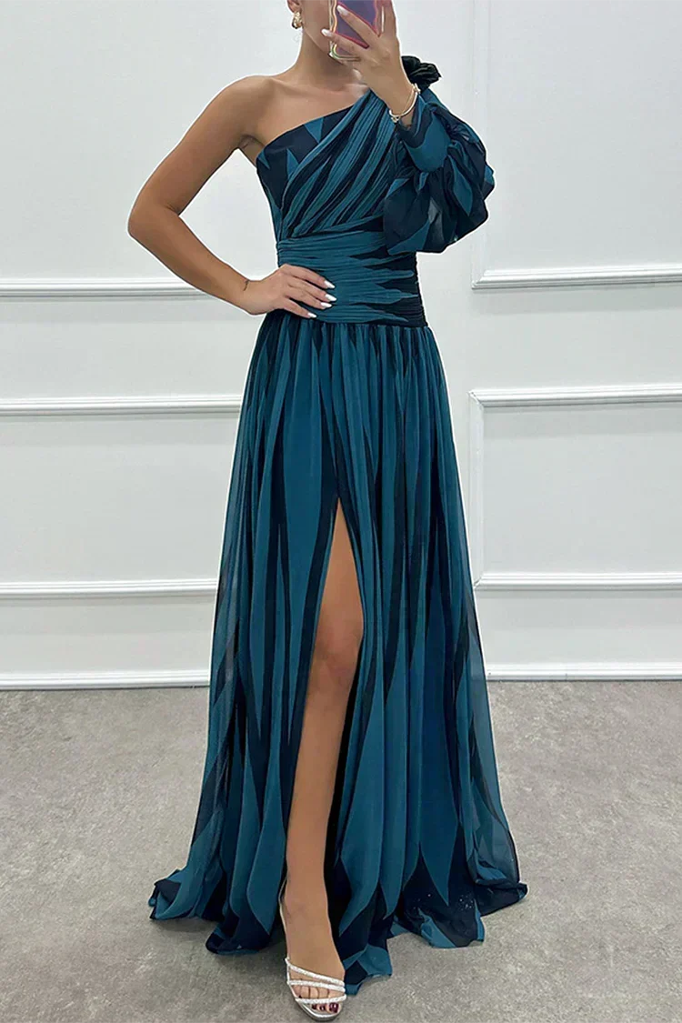 Graceful striped one-shoulder maxi dress. Women's formal long gown, perfect as a wedding guest or special occasion dress.