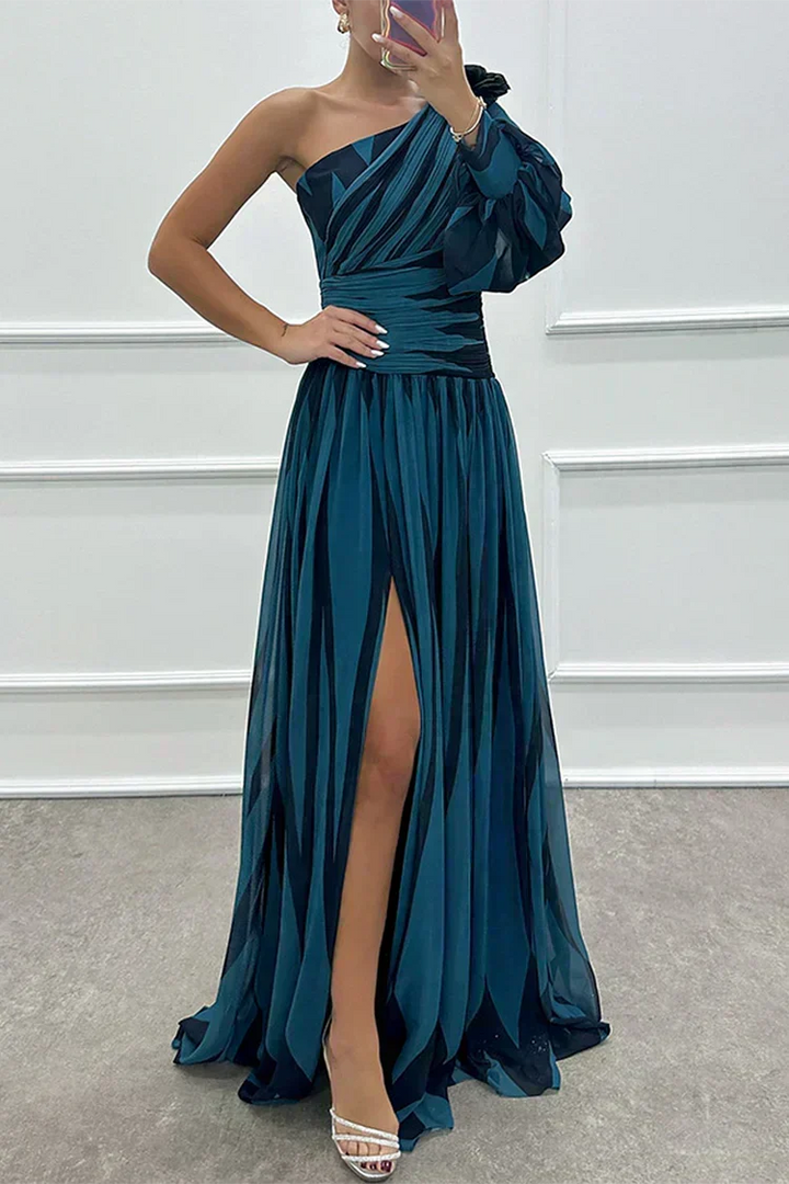 Graceful striped one-shoulder maxi dress. Women's formal long gown, perfect as a wedding guest or special occasion dress.