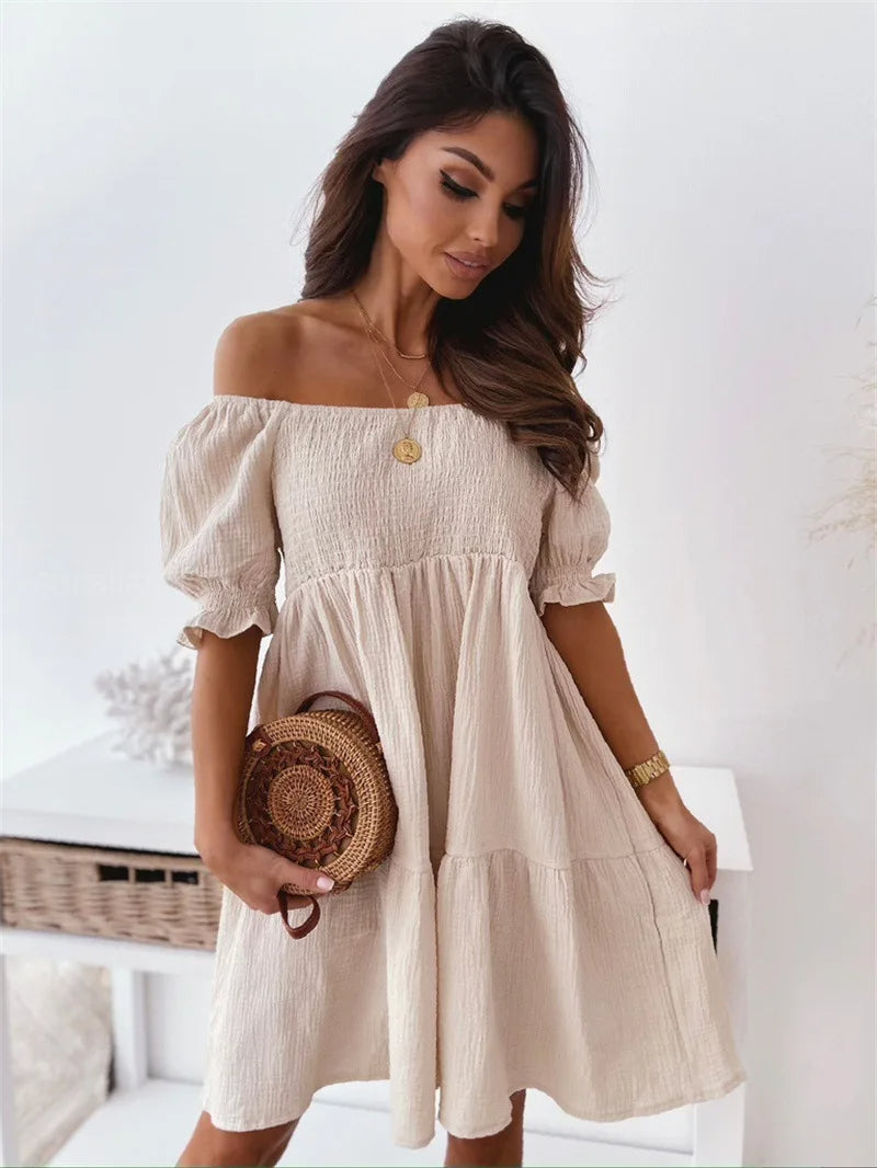 Elegant women's one-shoulder summer mini dress. Perfect for parties, casual outings, or vacation. A-line style.
