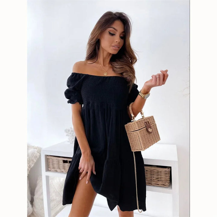 Chic one-shoulder A-line mini dress for women. Ideal elegant summer party or vacation wear.