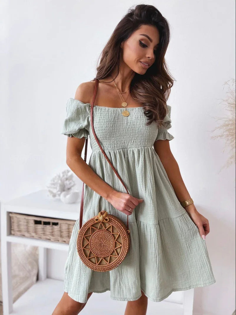 Stylish women's one-shoulder mini dress. Elegant summer party or casual A-line design. New arrival.