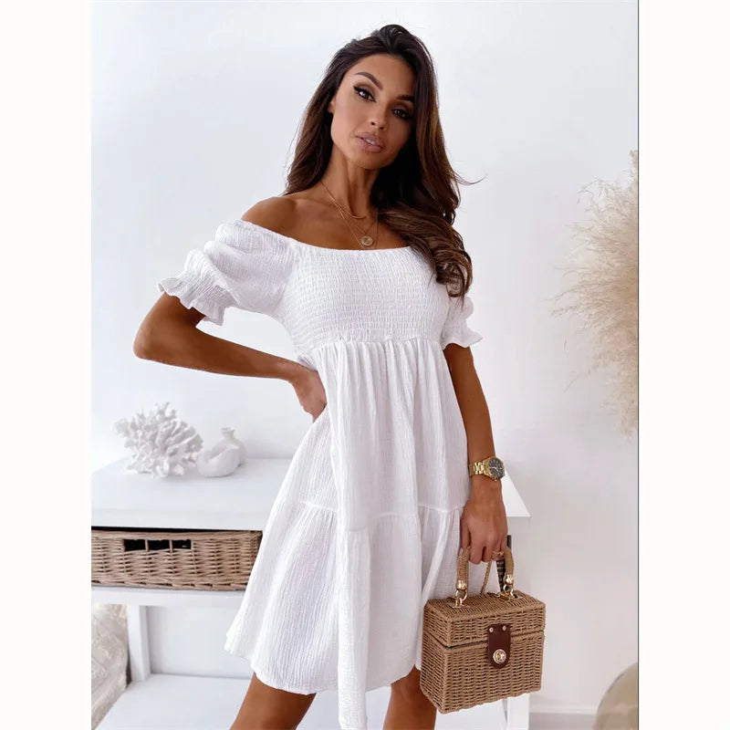 New elegant one-shoulder A-line mini dress for women. Ideal summer party, vacation, or casual wear.